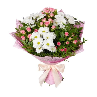 Букет «Волшебный сад» – гармония кустовых роз и белоснежных хризантем Петрозаводск Республика Карелия