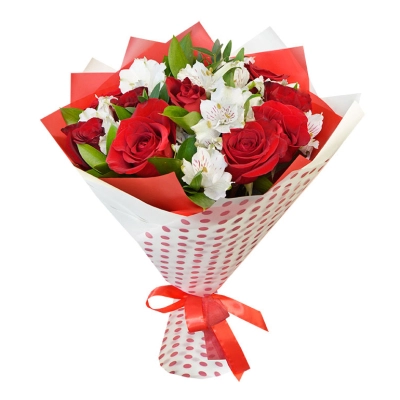 Букет из красных роз и белоснежных альстромерий – гармония страсти и нежности Петрозаводск Республика Карелия